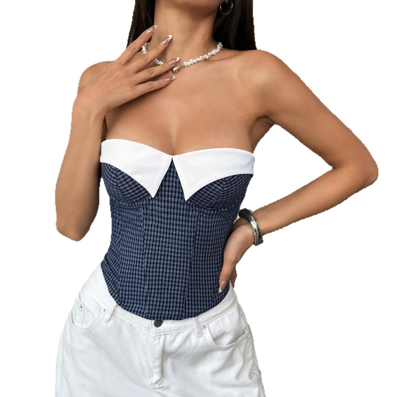 Tube Top s kariranim uzorkom, vezice na leđima, bez naramenica, kratka duljina, 95% poliester
