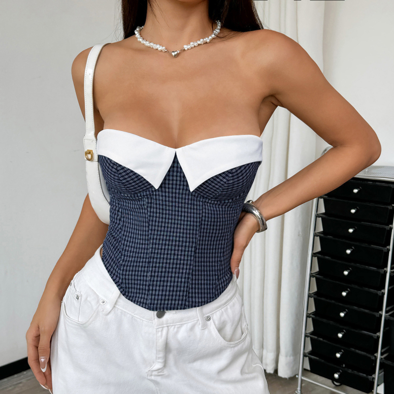 Tube Top s kariranim uzorkom, vezice na leđima, bez naramenica, kratka duljina, 95% poliester