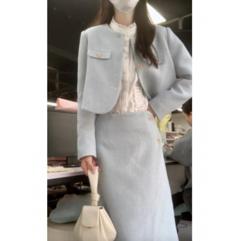 Ženski trodjelni komplet u plus veličini u stilu Chanel, jesenja moda, elegantna košulja, vrhunska jakna i midi suknja