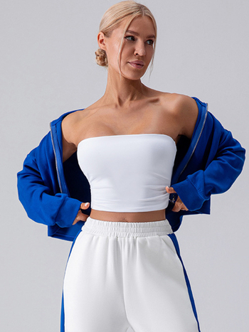 Top bustier fără bretele pentru femei, Slim Fit, Ultra-short (≤40 cm), Model geometric, Milk Silk–Polyester