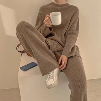 Set de două piese pentru femei: pulover tricotat din acril și pantaloni largi, imprimeu abstract, mâneci lungi, stil street hipster, toamnă-iarna 2022