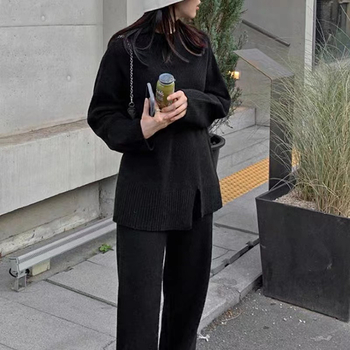 Set de două piese pentru femei: pulover tricotat din acril și pantaloni largi, imprimeu abstract, mâneci lungi, stil street hipster, toamnă-iarna 2022