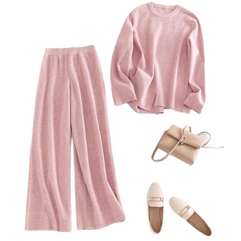 Set de două piese pentru femei: pulover tricotat din acril și pantaloni largi, imprimeu abstract, mâneci lungi, stil street hipster, toamnă-iarna 2022