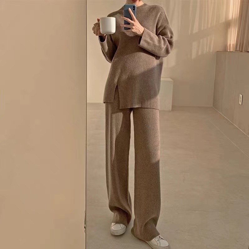 Set de două piese pentru femei: pulover tricotat din acril și pantaloni largi, imprimeu abstract, mâneci lungi, stil street hipster, toamnă-iarna 2022