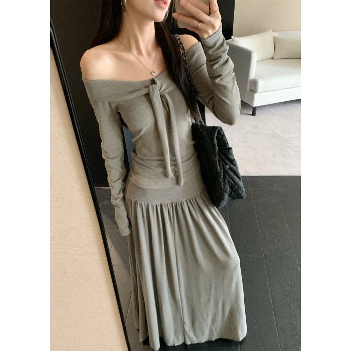 Set din două piese cu fustă — tricou cu bretele și top de umeri goi, fustă midi drapată, culoare solidă, poliester, toamnă 2025