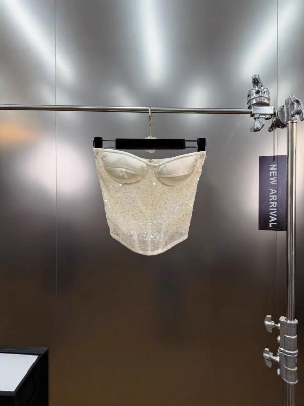 Top bustier fără bretele, cu paiete, talie accentuată — croială Slim, lungime ultra-scurtă, poliester