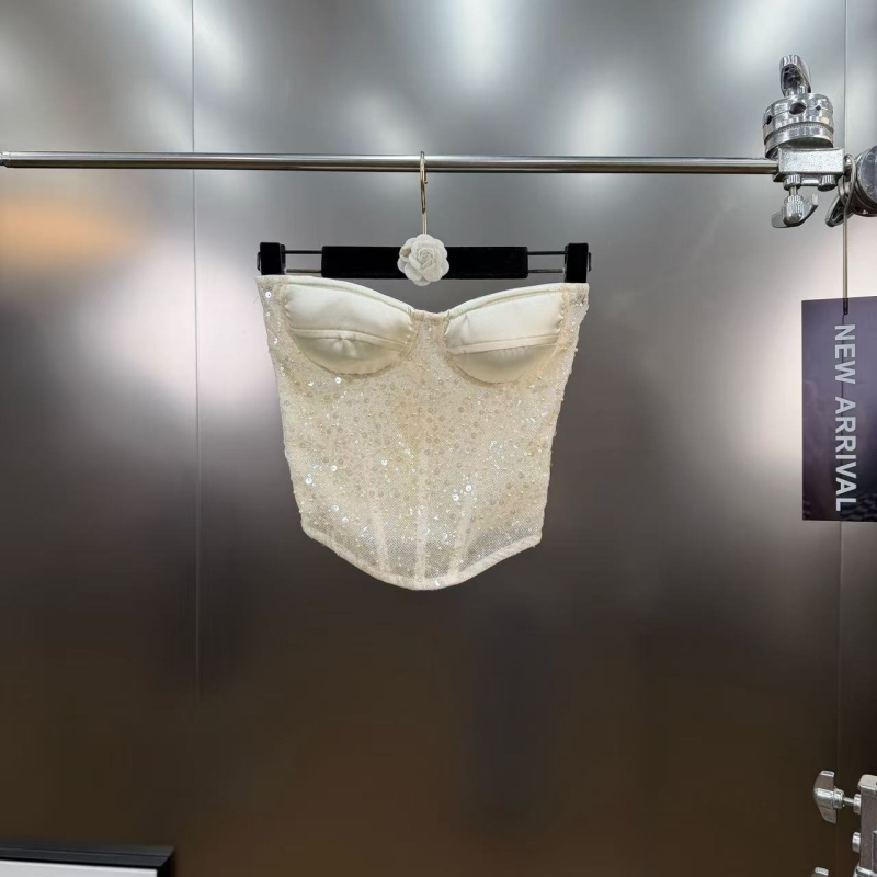 Top bustier fără bretele, cu paiete, talie accentuată — croială Slim, lungime ultra-scurtă, poliester