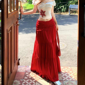 Set de costum în două piese pentru femei, toamnă: top fără mâneci, pe un umăr + fustă lungă cu talie înaltă și croială largă, culoare uni, poliester, detaliu patchwork, Toamnă 2025