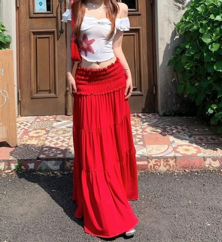 Set de costum în două piese pentru femei, toamnă: top fără mâneci, pe un umăr + fustă lungă cu talie înaltă și croială largă, culoare uni, poliester, detaliu patchwork, Toamnă 2025