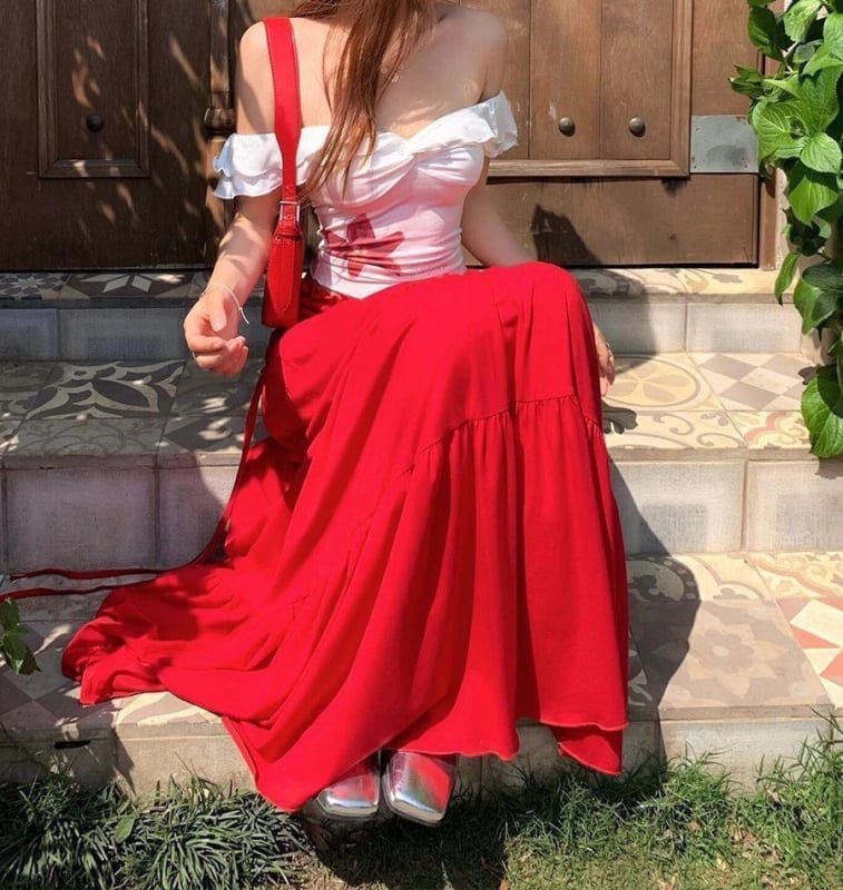 Set de costum în două piese pentru femei, toamnă: top fără mâneci, pe un umăr + fustă lungă cu talie înaltă și croială largă, culoare uni, poliester, detaliu patchwork, Toamnă 2025