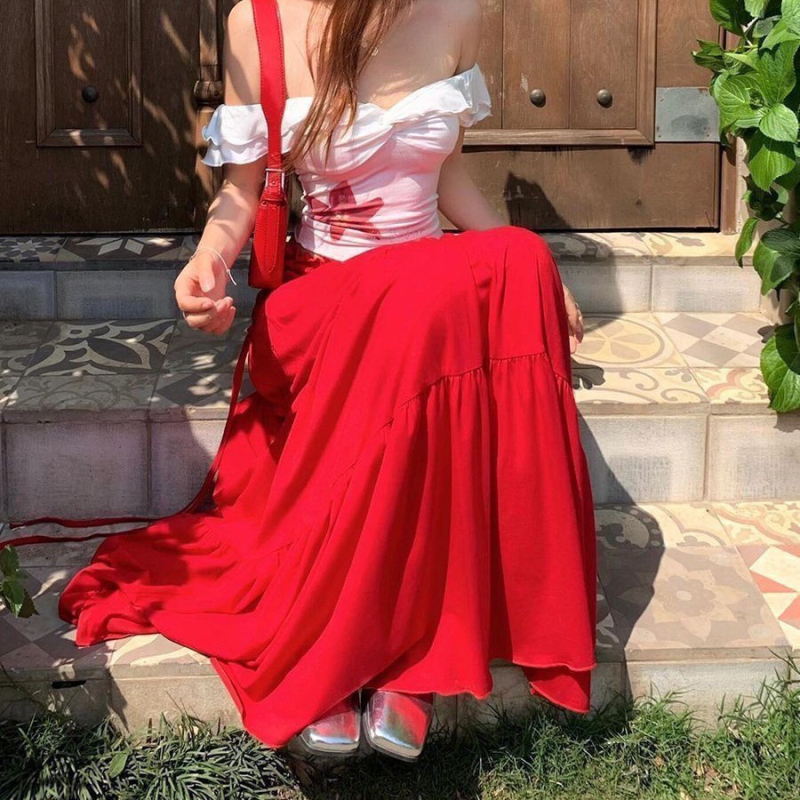 Set de costum în două piese pentru femei, toamnă: top fără mâneci, pe un umăr + fustă lungă cu talie înaltă și croială largă, culoare uni, poliester, detaliu patchwork, Toamnă 2025