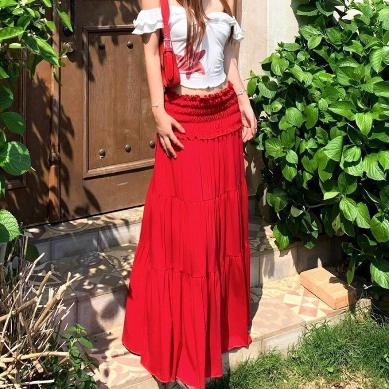 Set de costum în două piese pentru femei, toamnă: top fără mâneci, pe un umăr + fustă lungă cu talie înaltă și croială largă, culoare uni, poliester, detaliu patchwork, Toamnă 2025