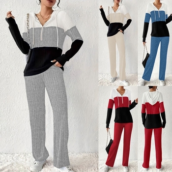 Set hanorac cu glugă în nuanțe asortate, două piese cu pantaloni, poliester cu spandex, mâneci lungi