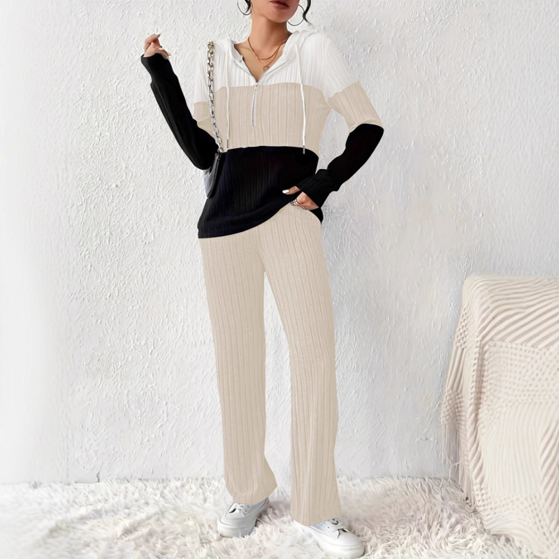 Set hanorac cu glugă în nuanțe asortate, două piese cu pantaloni, poliester cu spandex, mâneci lungi