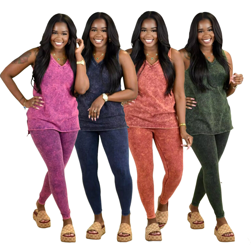 Set din două piese pentru femei: top fără mâneci cu decolteu în V și despicare, imprimeu denim, pantaloni, poliester, stil street hipster, toamnă 2023