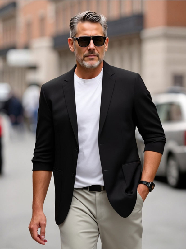 Muško sako slim-fit, casual stil, ovratnik sakoa, jednosobni prednji dio s dvostrukim zatvaranjem na dva gumba, dugi rukavi, standardna duljina, tkanina od mješavine kemijskih vlakana (poliestar)