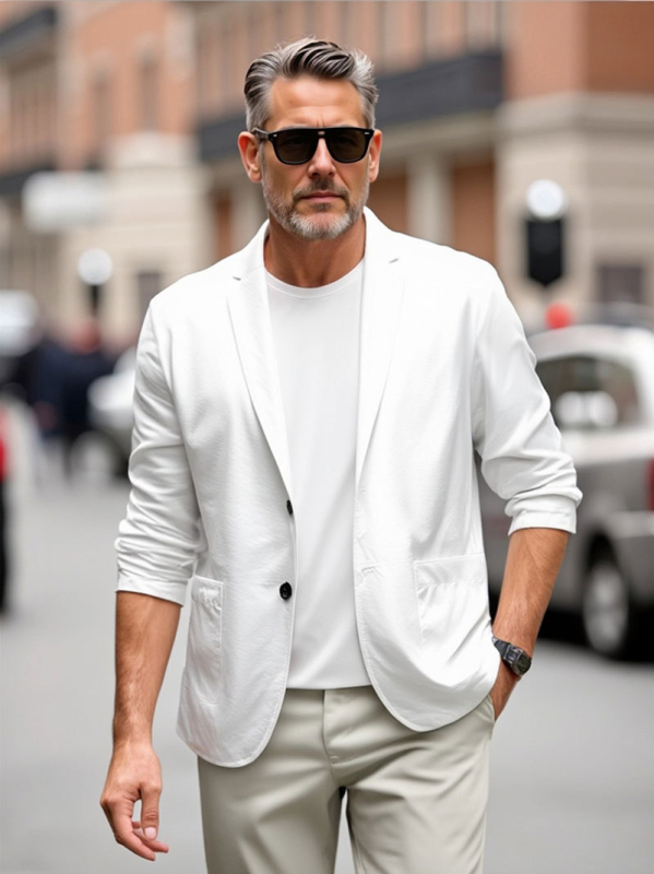 Muško sako slim-fit, casual stil, ovratnik sakoa, jednosobni prednji dio s dvostrukim zatvaranjem na dva gumba, dugi rukavi, standardna duljina, tkanina od mješavine kemijskih vlakana (poliestar)