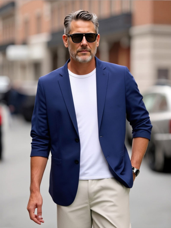 Muško sako slim-fit, casual stil, ovratnik sakoa, jednosobni prednji dio s dvostrukim zatvaranjem na dva gumba, dugi rukavi, standardna duljina, tkanina od mješavine kemijskih vlakana (poliestar)