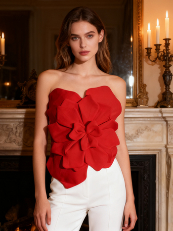 Top fără bretele cu model floral, croială slim, lungime scurtă, din poliester