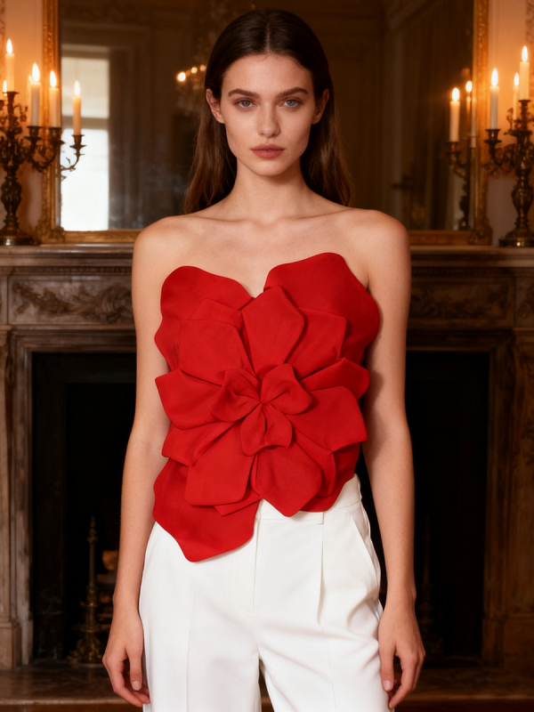 Top fără bretele cu model floral, croială slim, lungime scurtă, din poliester