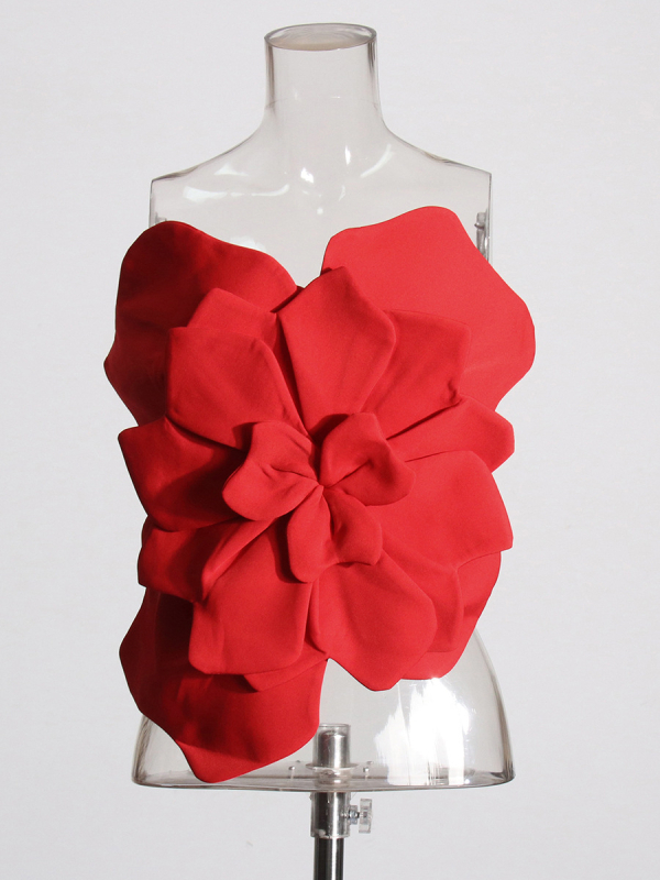 Top fără bretele cu model floral, croială slim, lungime scurtă, din poliester