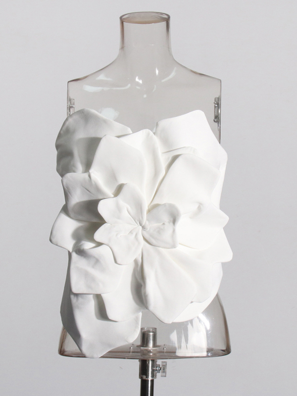 Top fără bretele cu model floral, croială slim, lungime scurtă, din poliester