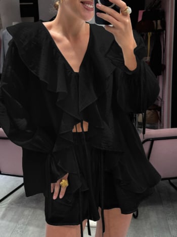 Set din două piese: cămașă cu decolteu în V și șorturi, mâneci clopot, culoare solidă, poliester, stil street hipster, primăvara 2025 (decolteu în V, mâneci clopot, culoare solidă, poliester, set din două piese)