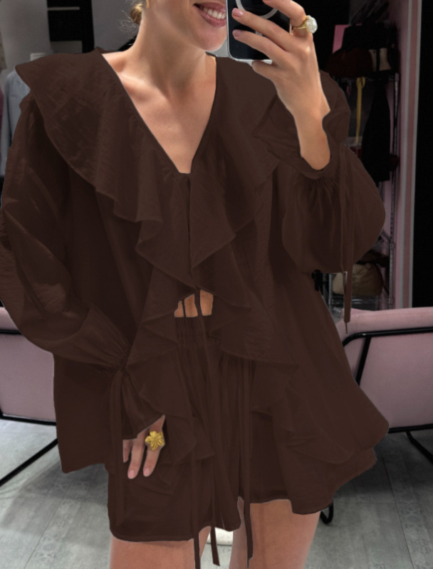 Set din două piese: cămașă cu decolteu în V și șorturi, mâneci clopot, culoare solidă, poliester, stil street hipster, primăvara 2025 (decolteu în V, mâneci clopot, culoare solidă, poliester, set din două piese)