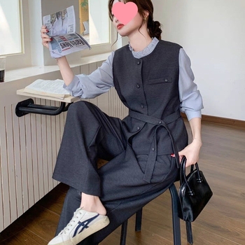 Трикомпонентен костюм: жилетка с акцент на талията и широки панталони — корейски стил, три четвърти дължина, пролет 2025