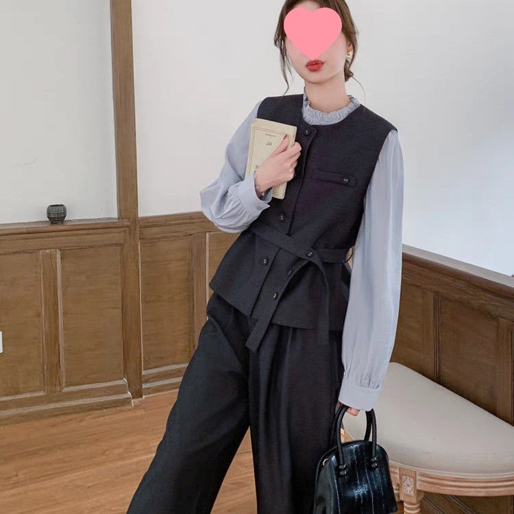 Трикомпонентен костюм: жилетка с акцент на талията и широки панталони — корейски стил, три четвърти дължина, пролет 2025