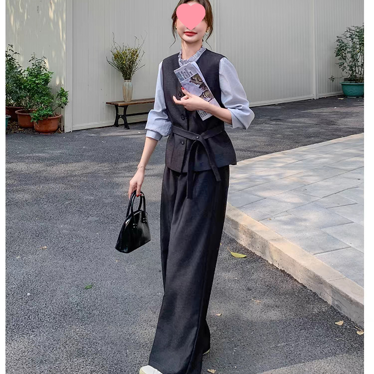Трикомпонентен костюм: жилетка с акцент на талията и широки панталони — корейски стил, три четвърти дължина, пролет 2025