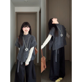 Кежуъл комплект костюм за жени: корейски стил с висока яка и пелерина, дълги ръкави и прави широки панталони — зима 2025