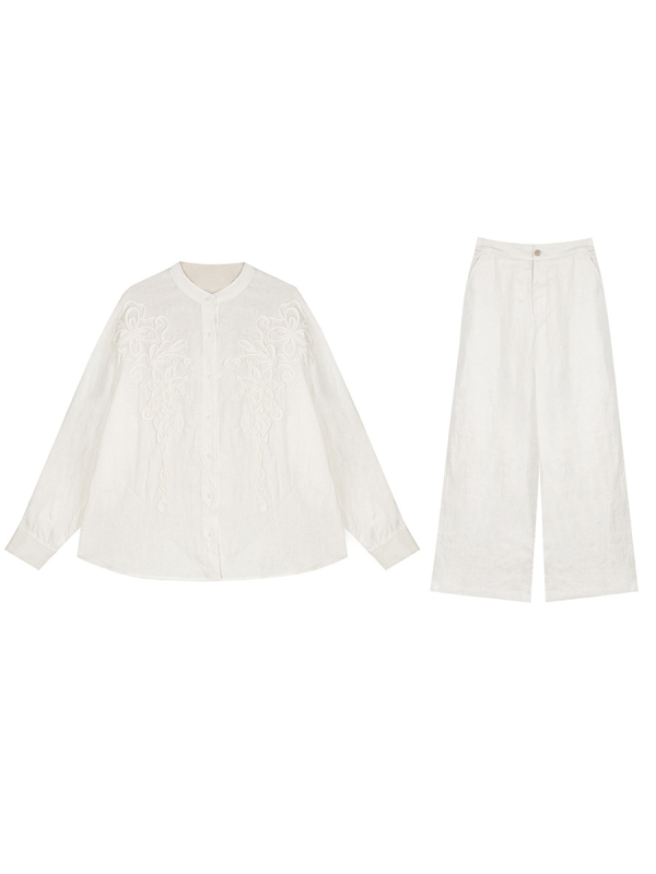 Ленен костюм за жени: риза с бродерия и панталони с висока талия и широки прави крачоли, дълги ръкави, ежедневен стил за пътуване, пролет 2025
