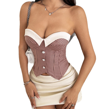 Tube top bez remena s uzorkom houndstooth, uski kroj, poliester, jesen 2025