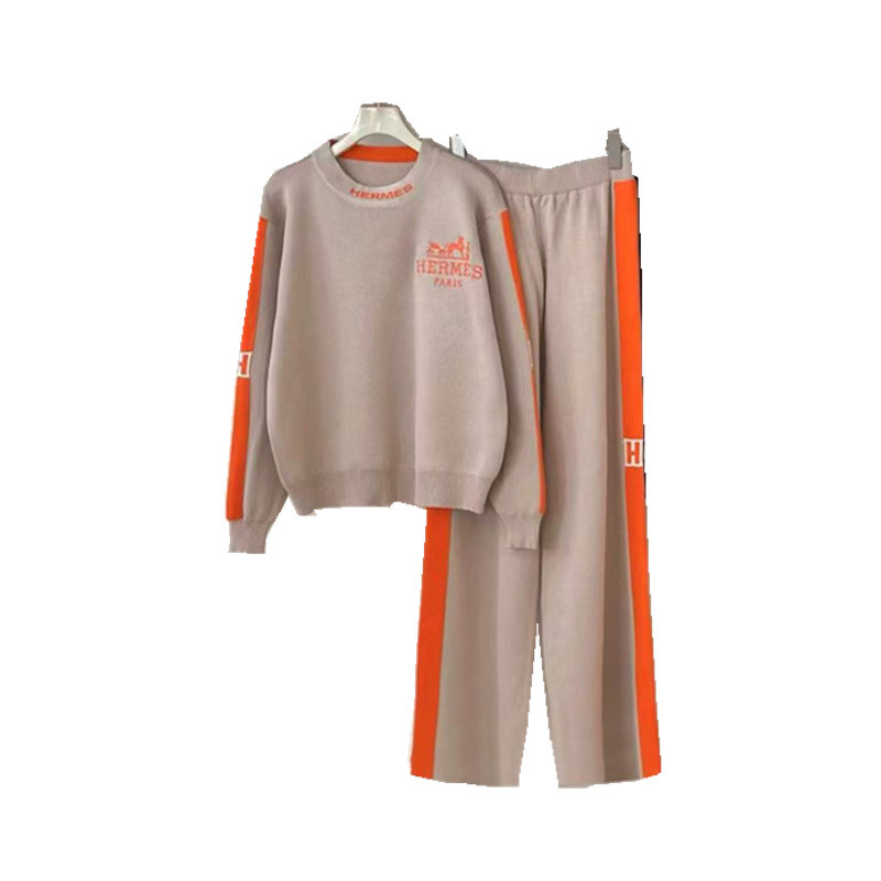 Set de două piese pentru femei: top tricotat cu broderie și pantaloni; material din lână amestec, viscoză 30–50%, poliester 30–50%; mâneci lungi; stil casual-office.