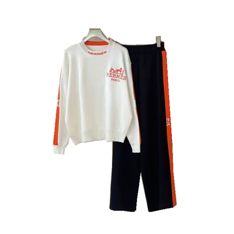 Set de două piese pentru femei: top tricotat cu broderie și pantaloni; material din lână amestec, viscoză 30–50%, poliester 30–50%; mâneci lungi; stil casual-office.