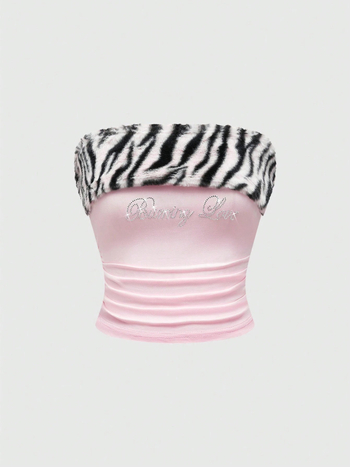 Top tubular fără bretele, imprimeu leopard, croială slim, lungime ultra- scurtă ≤40 cm, 80-90% poliester, Vara 2025