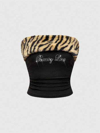 Top tubular fără bretele, imprimeu leopard, croială slim, lungime ultra- scurtă ≤40 cm, 80-90% poliester, Vara 2025