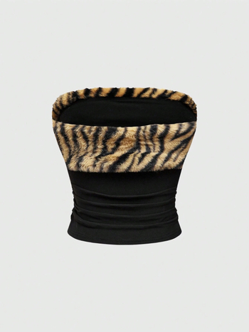 Top tubular fără bretele, imprimeu leopard, croială slim, lungime ultra- scurtă ≤40 cm, 80-90% poliester, Vara 2025