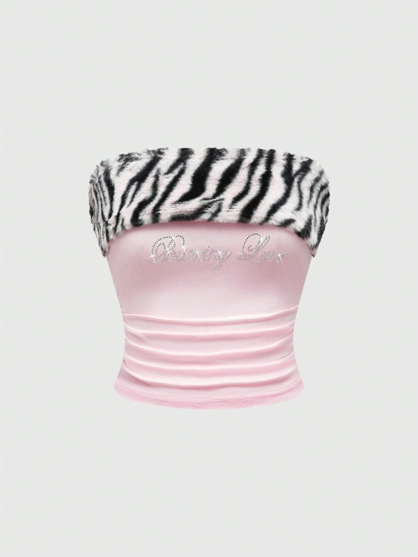 Top tubular fără bretele, imprimeu leopard, croială slim, lungime ultra- scurtă ≤40 cm, 80-90% poliester, Vara 2025