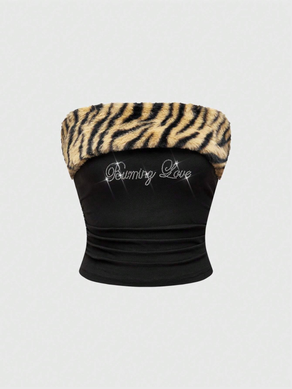 Top tubular fără bretele, imprimeu leopard, croială slim, lungime ultra- scurtă ≤40 cm, 80-90% poliester, Vara 2025