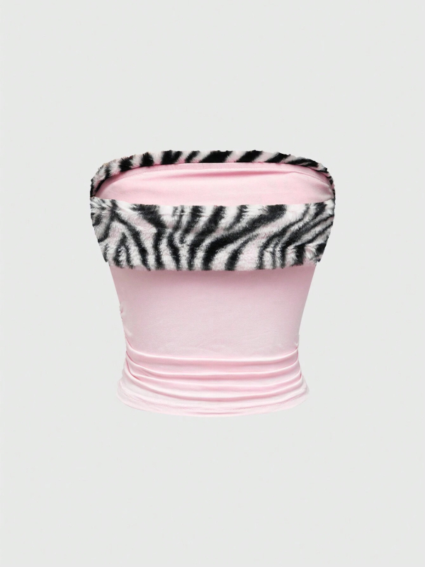 Top tubular fără bretele, imprimeu leopard, croială slim, lungime ultra- scurtă ≤40 cm, 80-90% poliester, Vara 2025