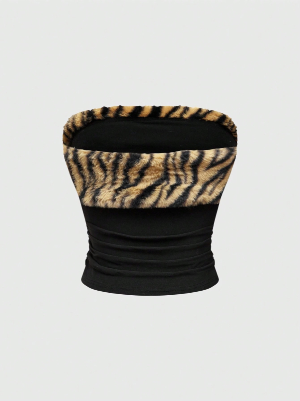 Top tubular fără bretele, imprimeu leopard, croială slim, lungime ultra- scurtă ≤40 cm, 80-90% poliester, Vara 2025