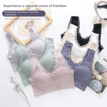 Sutien sport fără armătură, material nylon, cupă completă, cupă subțire sus și mai groasă jos, margine dantelată pe spate