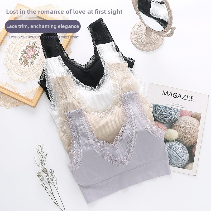 Sutien sport fără armătură, material nylon, cupă completă, cupă subțire sus și mai groasă jos, margine dantelată pe spate