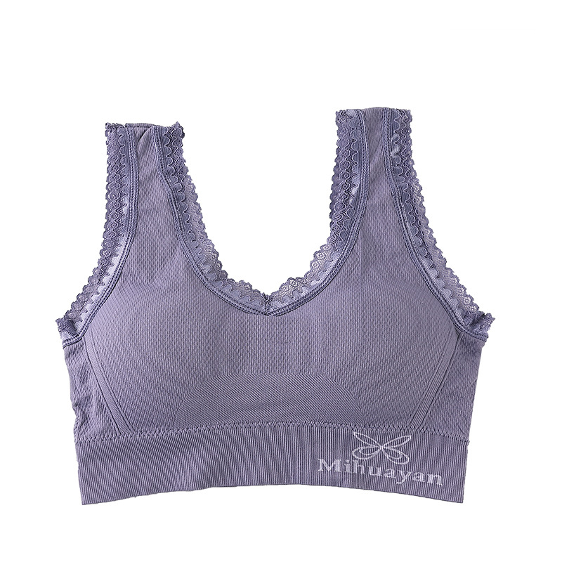 Sutien sport fără armătură, material nylon, cupă completă, cupă subțire sus și mai groasă jos, margine dantelată pe spate