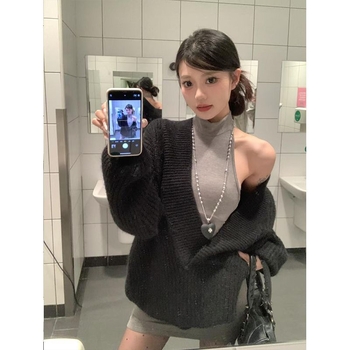 Дамски комплект от плетиво: пуловер с V-образно деколте, свободна плетена блуза, тънък жилет, рокля с дълги ръкави — ретро небрежен стил