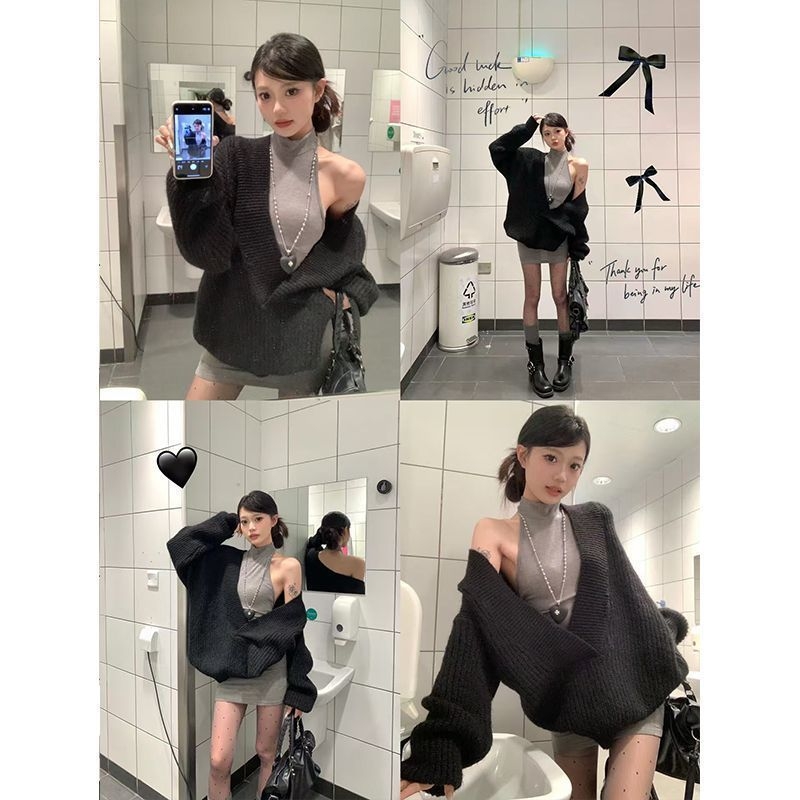 Дамски комплект от плетиво: пуловер с V-образно деколте, свободна плетена блуза, тънък жилет, рокля с дълги ръкави — ретро небрежен стил