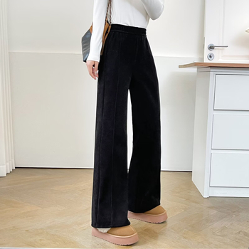 Pantaloni femei Micro Flare, iarnă 2025, poliester, talie elastică, lungi, țesătură groasă