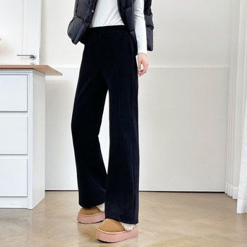 Pantaloni femei Micro Flare, iarnă 2025, poliester, talie elastică, lungi, țesătură groasă